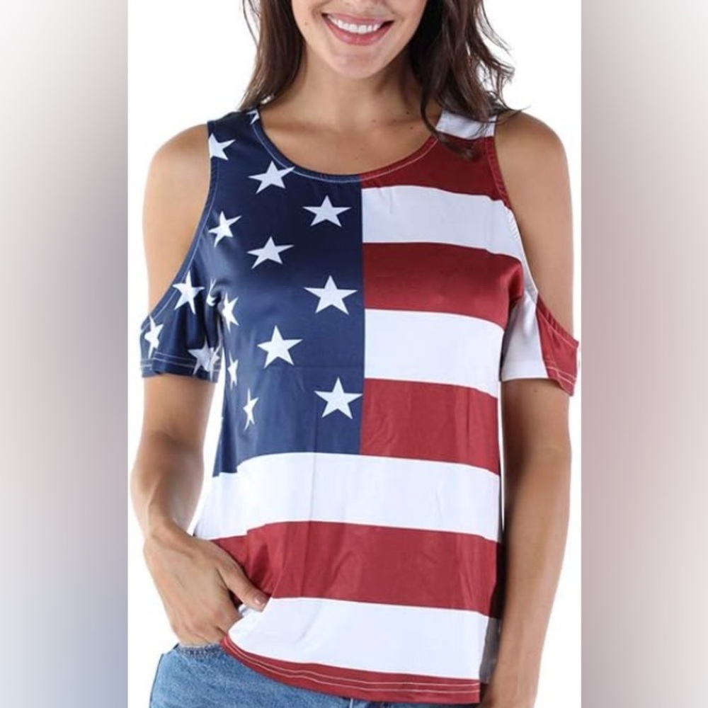 25. Patriotic Red, White, and Blue Cut Out Short Sleeve Tee Cold Shoulder Top L